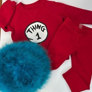 Dr. Seuss Thing 1 Costume, Top, Fleece Lined Pants, and Handmade Feather Boa Wig